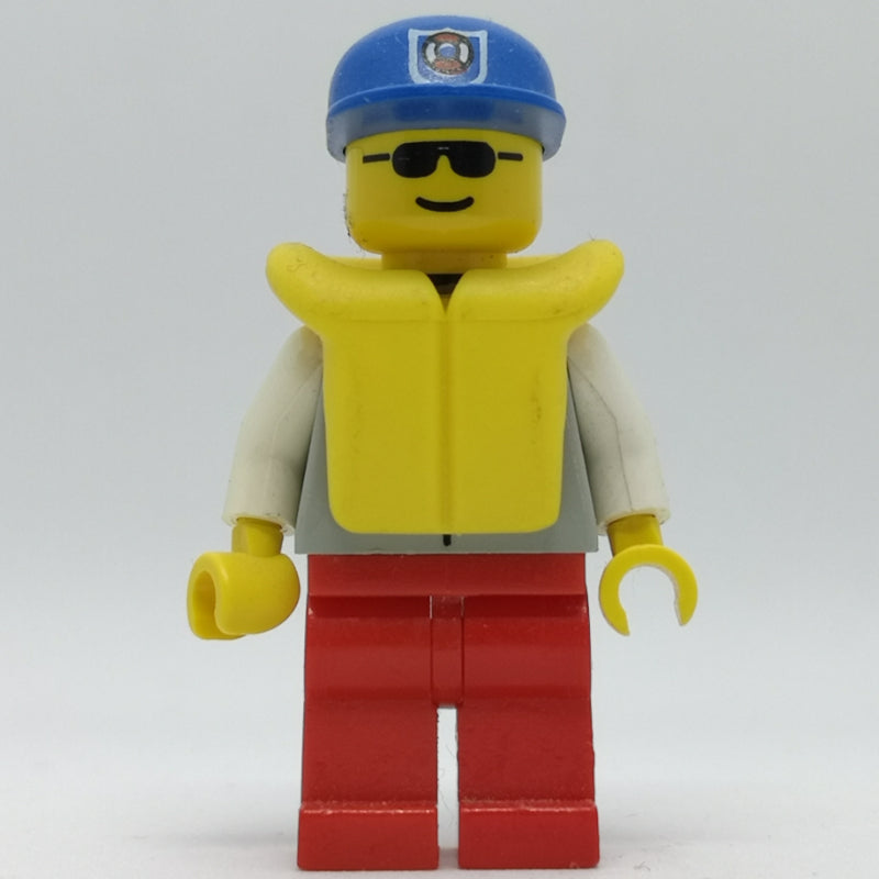 fig-008168 – Coast Guard, Light Gray Jacket with Zipper and Badge, Blue Cap with Badge, Yellow Life Vest, Sunglasses