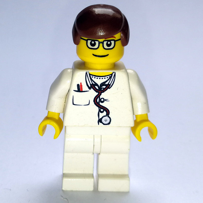 fig-008172 – Doctor, White Torso with Stethoscope and Pocket, White Legs, Reddish Brown Hair, Glasses