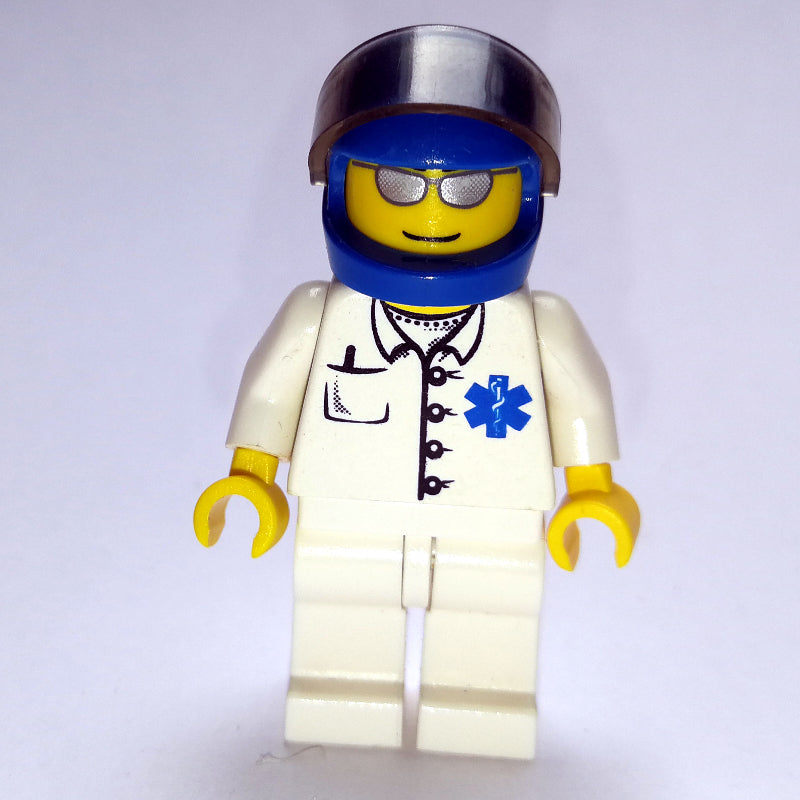fig-008173 – Doctor, White Shirt with Star of Life Logo, Blue Helmet with Visor, Silver Sunglasses