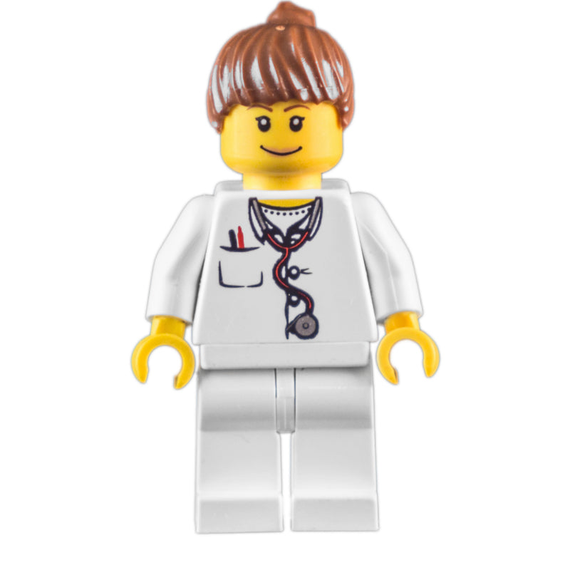 fig-008176 – Doctor, Woman, White Torso with Stethoscope and Pocket, White Legs, Reddish Brown Ponytail