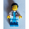 fig-008180 – Doctor, White Lab Coat over Dark Azure Scrubs with ID Badge and Stethoscope, Black Hair