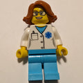 fig-008183 – Doctor, Woman, White Shirt over Medium Azure Scrubs with Star of Life and Pocket, Dark Orange Hair, Glasses