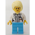 fig-008184 – Doctor, Woman, Open White Jacket over Light Bluish Gray Shirt with Pockets and ID Badge, Bright Light Yellow Hair, Glasses
