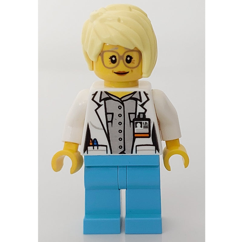fig-008184 – Doctor, Woman, Open White Jacket over Light Bluish Gray Shirt with Pockets and ID Badge, Bright Light Yellow Hair, Glasses