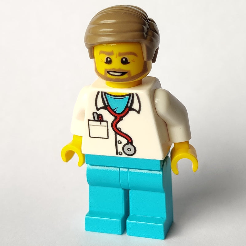 fig-008185 – Doctor, White Shirt over Medium Azure Scrubs with Stethoscope and Pocket, Dark Tan Hair, Beard