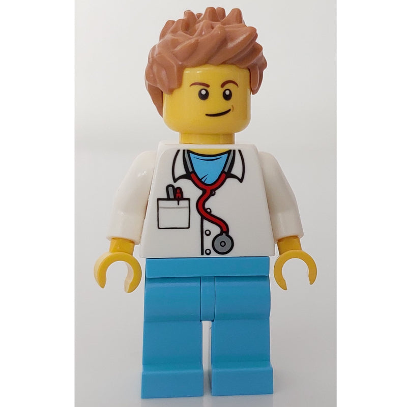 fig-008186 – Doctor, White Shirt over Medium Azure Scrubs with Stethoscope and Pocket, Medium Nougat Hair
