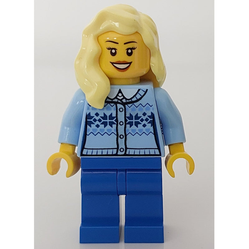 fig-008187 – Woman, Bright Light Blue Cardigan, Blue Legs, Bright Light Yellow Hair