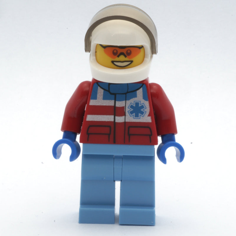 fig-008189 – Paramedic, Red Jacket with Star of Life, White Helmet with Visor, Orange Sunglasses