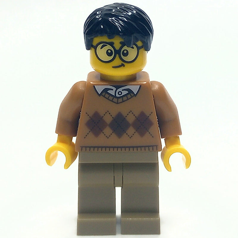 fig-008192 – Man, Medium Dark Argyle Sweater, Dark Tan Legs, Black Hair, Glasses