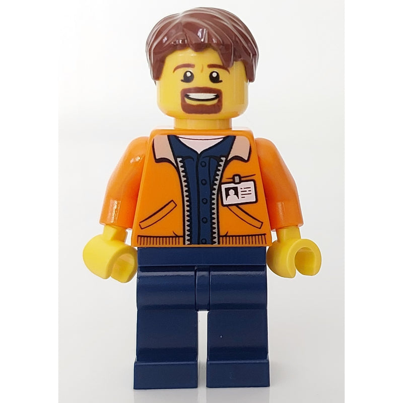 fig-008193 – Man, Open Orange Jacket over Dark Blue Shirt, Reddish Brown Hair, Goatee Beard