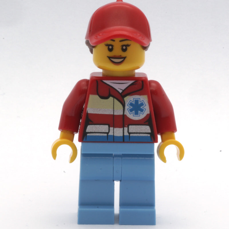 fig-008195 – Paramedic, Woman, Red Jacket with Star of Life, Red Cap with Hair, Open Mouth
