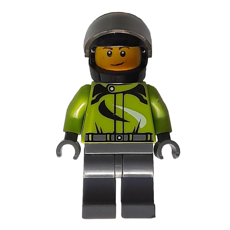 fig-008198 – Racer, Lime Jacket, Dark Bluish Gray Legs, Black Helmet with Visor