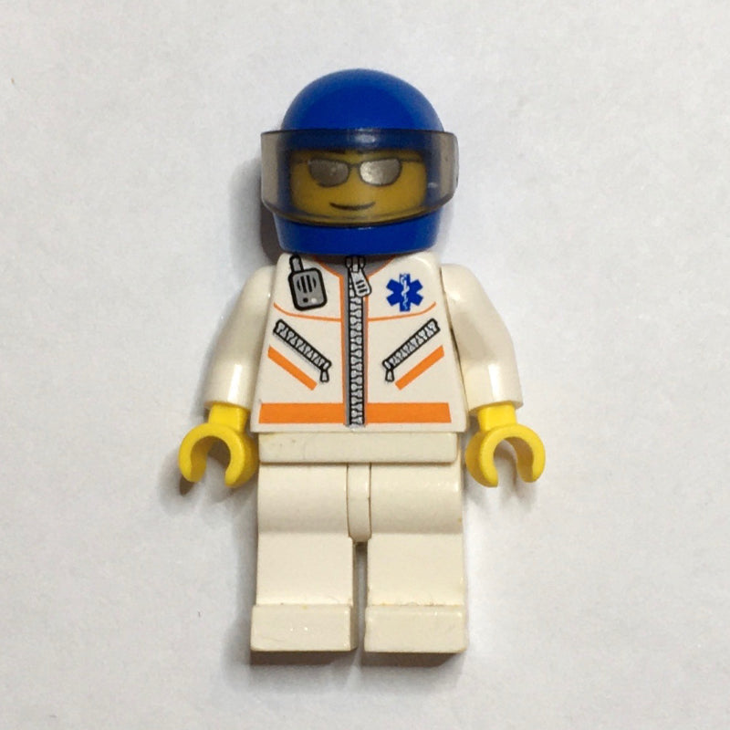 fig-008199 – Paramedic, White Jacket with Zipper, Radio and Star of Life, Blue Helmet with Visor, Silver Sunglasses