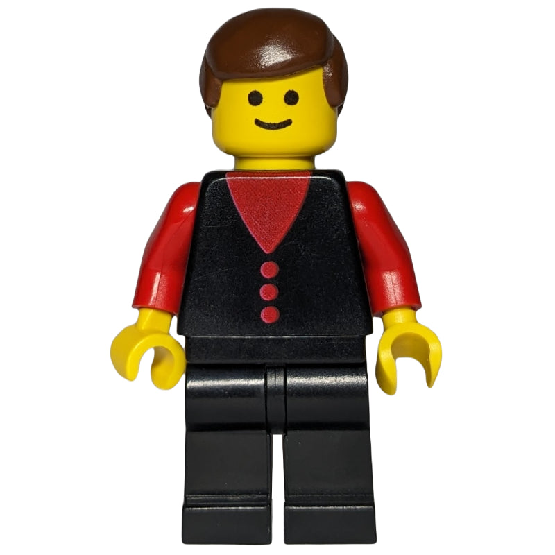 fig-008215 – Man, Black Vest over Red Shirt, Black Legs, Brown Hair