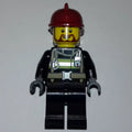 fig-008224 – Fireman, Black Fire Suit with Gauge and Straps, Black Legs, Dark Red Helmet, Beard