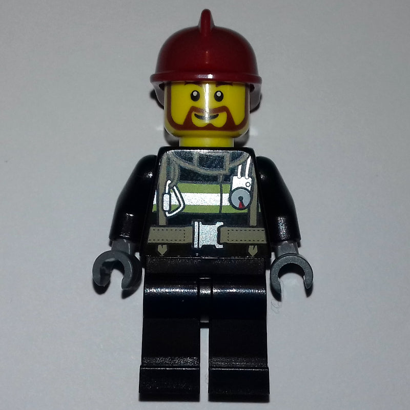 fig-008224 – Fireman, Black Fire Suit with Gauge and Straps, Black Legs, Dark Red Helmet, Beard