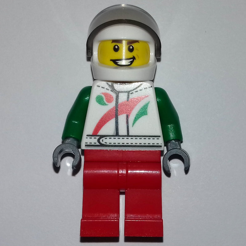 fig-008225 – Racer, White and Green Jacket with Octan Logo, Red Legs, White Helmet with Trans-Brown  Visor