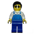 fig-008226 – Man, Blue Overalls over White V-Neck Shirt, Dark Brown Hair, Sunglasses