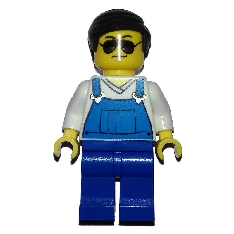 fig-008226 – Man, Blue Overalls over White V-Neck Shirt, Dark Brown Hair, Sunglasses