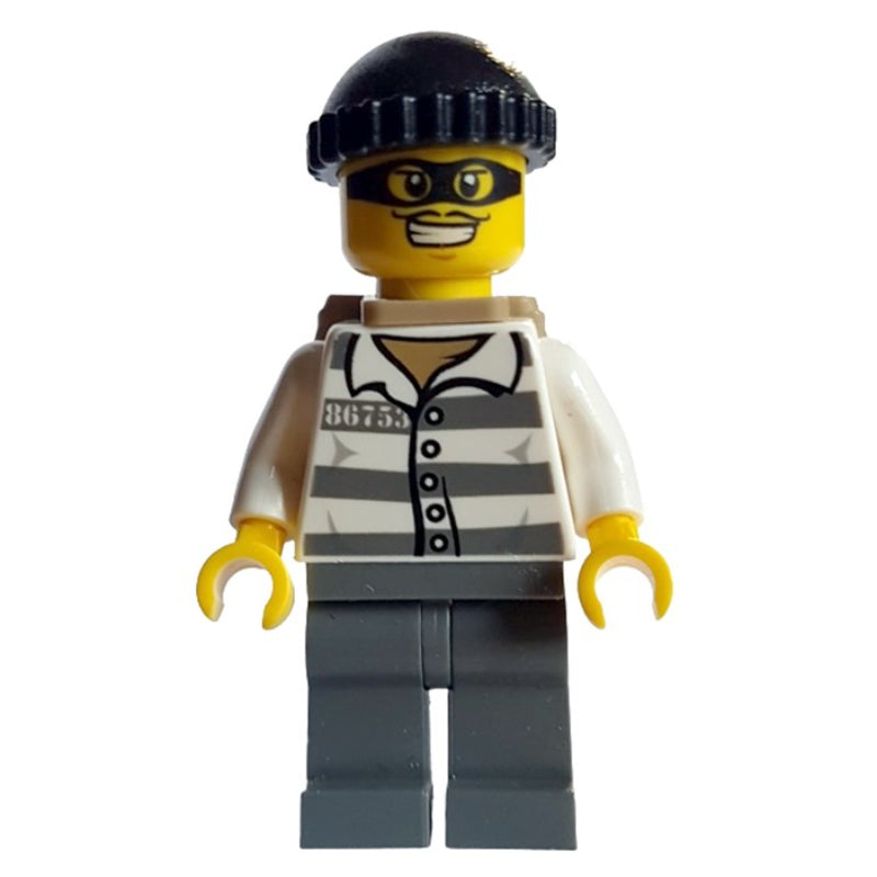 fig-008231 – Criminal, Prison Shirt with #86753, Dark Bluish Gray Legs, Black Hat, Backpack, Black Eyemask