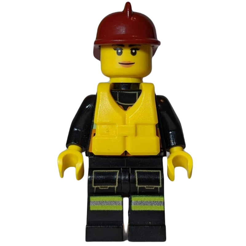 fig-008233 – Firewoman, Orange Safety Vest with Radio, Red Helmet, Yellow Life Vest