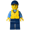 fig-008234 – Policeman, Dark Bluish Gray Vest with Radio, Badge and Pouches over Medium Blue Shirt, Dark Blue Cap, Yellow Life Vest