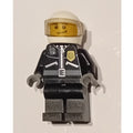 fig-008236 – Policeman, Black Jacket with Zipper, Radio, and Badge, White Helmet and Visor, Brown Eyebrows