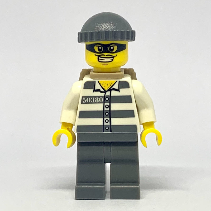 fig-008237 – Criminal, Prison Shirt with #50380, Dark Bluish Gray Legs, Dark Bluish Gray Hat, Backpack, Black Eyemask