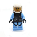 fig-008238 – Policewoman, Black Vest with Badge and Pouches over Bright Light Blue Shirt, White Helmet with Trans-Brown Visor, Neck Bracket
