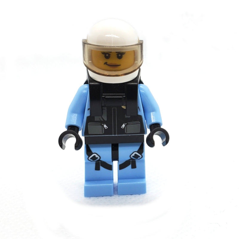 fig-008238 – Policewoman, Black Vest with Badge and Pouches over Bright Light Blue Shirt, White Helmet with Trans-Brown Visor, Neck Bracket