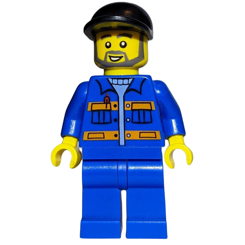 fig-008240 – Construction Worker, Blue Jacket with Orange Stripes, Blue Legs, Black Cap, Beard