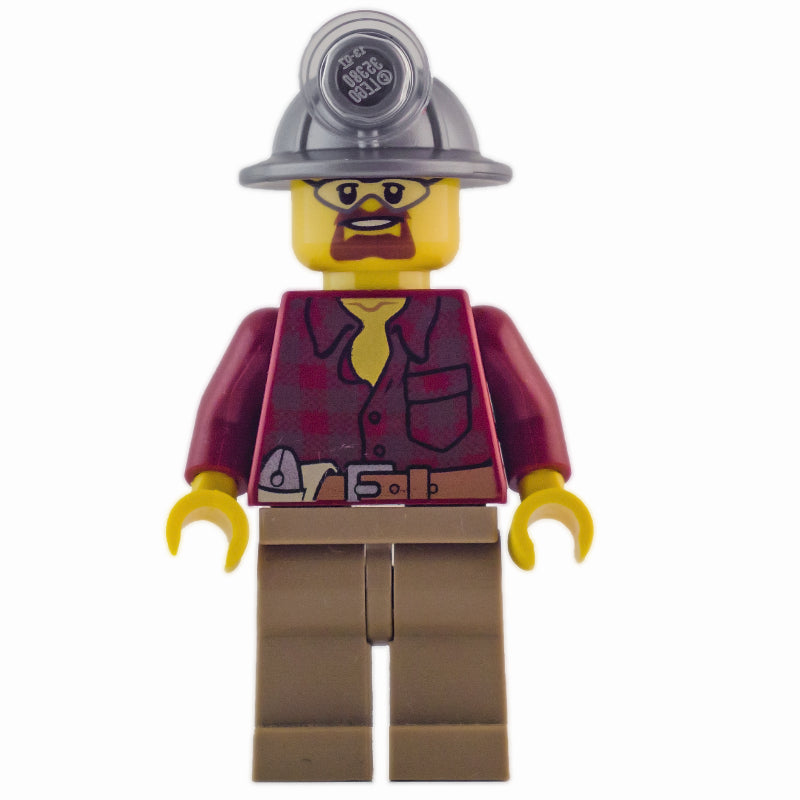 fig-008242 – Miner, Dark Red Flannel Shirt, Dark Tan Legs, Mining Hat, Goatee Beard and Goggles