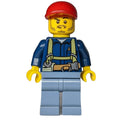 fig-008243 – Miner, Dark Blue Shirt with Harness, Red Cap, Stubble