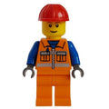 fig-008244 – Construction Worker, Orange Safety Vest with Zipper and Pockets, Orange Legs, Red Hard Hat