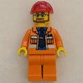 fig-008245 – Construction Worker, Open Orange Jacket over Blue Shirt with Tie, Red Hard Hat, Beard and Glasses