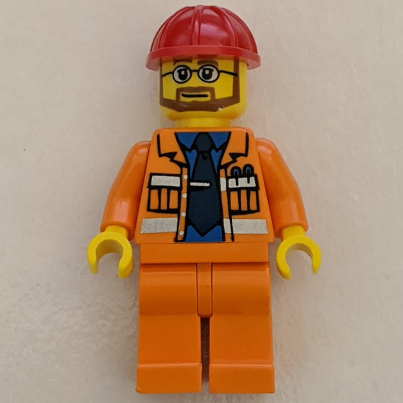 fig-008245 – Construction Worker, Open Orange Jacket over Blue Shirt with Tie, Red Hard Hat, Beard and Glasses