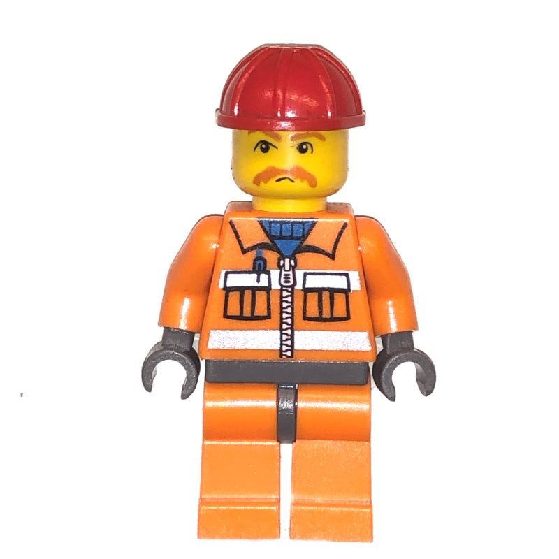 fig-008265 – Construction Worker, Orange Jacket with Zipper and Reflective Stripes, Orange Legs, Red Hard Hat, Moustache