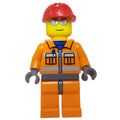 fig-008266 – Construction Worker, Orange Jacket with Zipper and Reflective Stripes, Orange Legs, Red Hard Hat, Silver Sunglasses