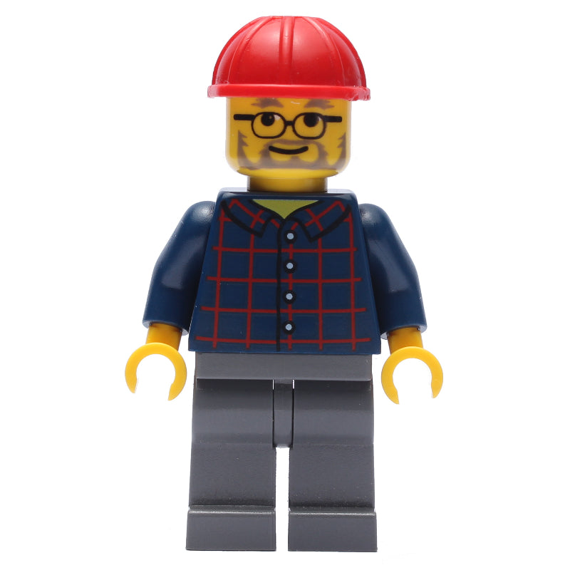 fig-008267 – Man, Dark Blue Plaid Shirt, Dark Bluish Gray Legs, Red Hard Hat, Beard and Glasses