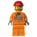 fig-008268 – Construction Worker, Orange Jacket with Zipper and Reflective Stripes, Orange Legs, Red Hard Hat, Beard and Glasses