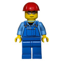 fig-008269 – Construction Worker, Blue Overalls over Medium Blue Shirt, Red Hard Hat, Silver Sunglasses
