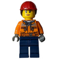fig-008270 – Construction Worker, Woman, Safety Jacket over Hoodie with Belt, Dark Blue Legs, Red Hard Hat with Hair