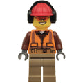fig-008271 – Construction Worker, Orange Safety Vest with Zipper over Reddish Brown Shirt, Dark Tan Legs, Red Hard Hat with Ear Defenders, Orange Safety Glasses