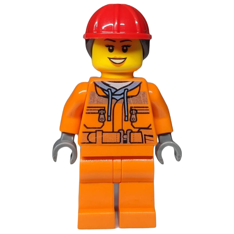 fig-008272 – Construction Worker, Woman, Safety Jacket over Hoodie with Belt, Orange Legs, Red Hard Hat with Hair