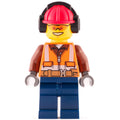 fig-008273 – Construction Worker, Orange Safety Vest with Zipper over Reddish Brown Shirt, Dark Blue Legs, Red Hard Hat with Ear Defenders, Orange Safety Glasses