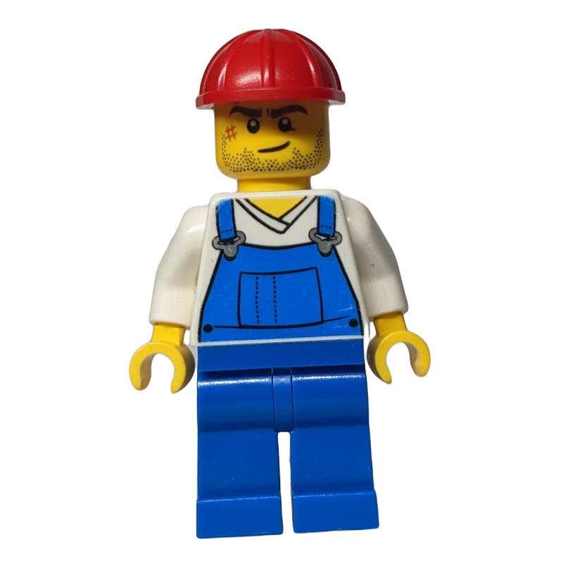 fig-008275 – Man, Blue Overalls over White V-Neck Shirt, Red Hard Hat, Stubble and Scar (3626c Head)