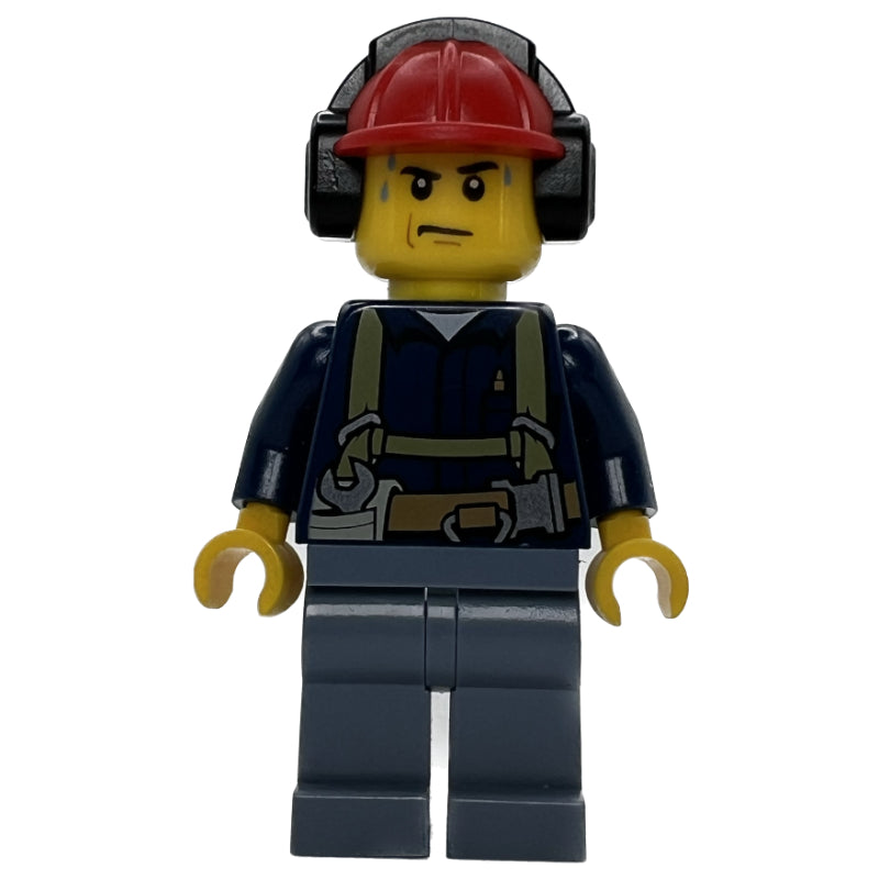 fig-008276 – Construction Worker, Dark Blue Shirt with Harness, Red Hard Hat with Ear Defenders, Sweat Drops