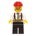 fig-008277 – Construction Worker, White Shirt with Tie and Suspenders, Red Hard Hat, Mutton Chops and Moustache