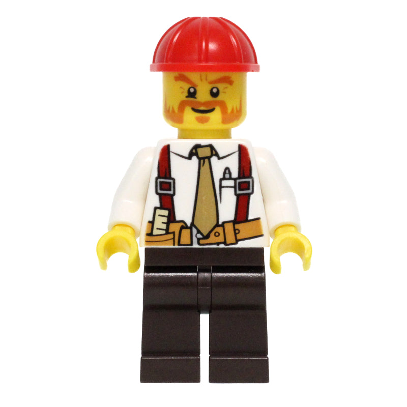fig-008277 – Construction Worker, White Shirt with Tie and Suspenders, Red Hard Hat, Mutton Chops and Moustache