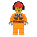fig-008278 – Construction Worker, Safety Jacket over Hoodie with Belt, Orange Legs, Red Hard Hat with Ear Defenders, Stubble